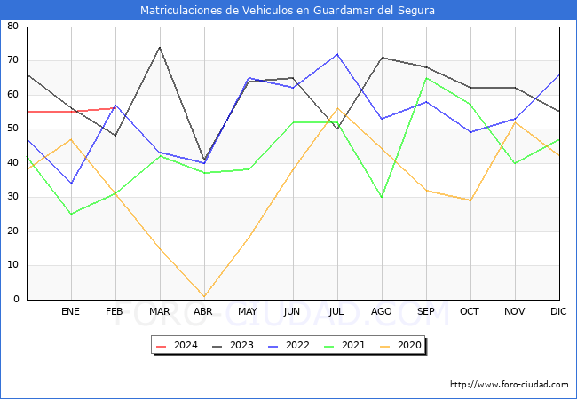 estadsticas de Vehiculos Matriculados en el Municipio de Guardamar del Segura hasta Febrero del 2024.
