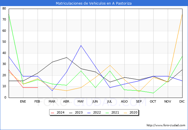 estadsticas de Vehiculos Matriculados en el Municipio de A Pastoriza hasta Febrero del 2024.