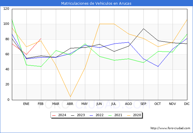 estadsticas de Vehiculos Matriculados en el Municipio de Arucas hasta Febrero del 2024.