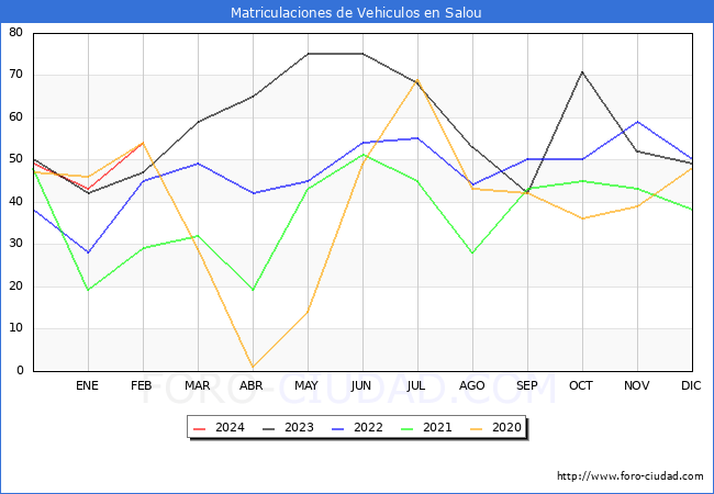 estadsticas de Vehiculos Matriculados en el Municipio de Salou hasta Febrero del 2024.
