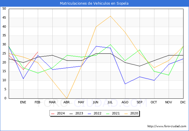 estadsticas de Vehiculos Matriculados en el Municipio de Sopela hasta Febrero del 2024.