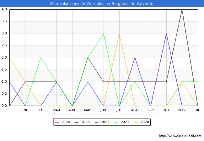 estadsticas de Vehiculos Matriculados en el Municipio de Burganes de Valverde hasta Febrero del 2024.