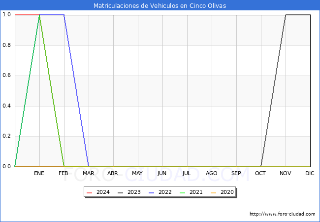 estadsticas de Vehiculos Matriculados en el Municipio de Cinco Olivas hasta Febrero del 2024.