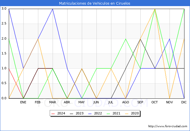 estadsticas de Vehiculos Matriculados en el Municipio de Ciruelos hasta Marzo del 2024.