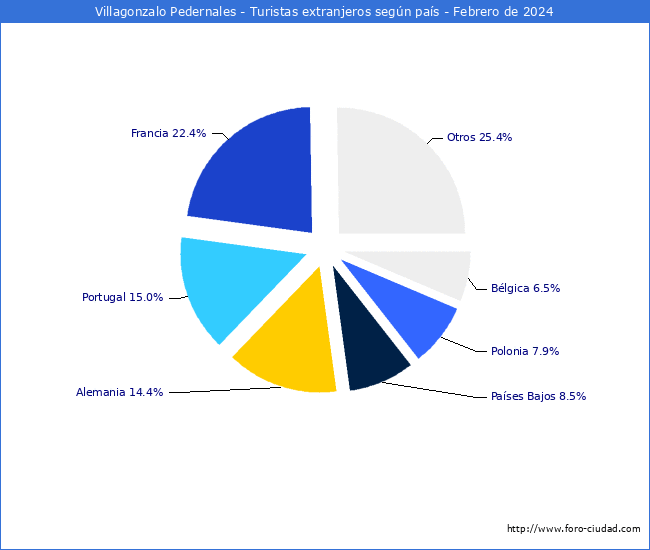 Numero de turistas de origen Extranjero por pais de procedencia en el Municipio de Villagonzalo Pedernales hasta Febrero del 2024.