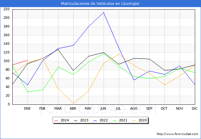 estadísticas de Vehiculos Matriculados en el Municipio de Llucmajor hasta Enero del 2024.