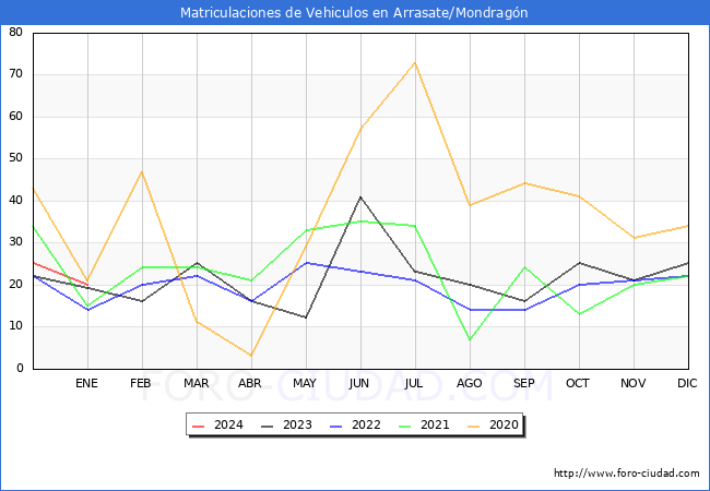 estadísticas de Vehiculos Matriculados en el Municipio de Arrasate/Mondragón hasta Enero del 2024.