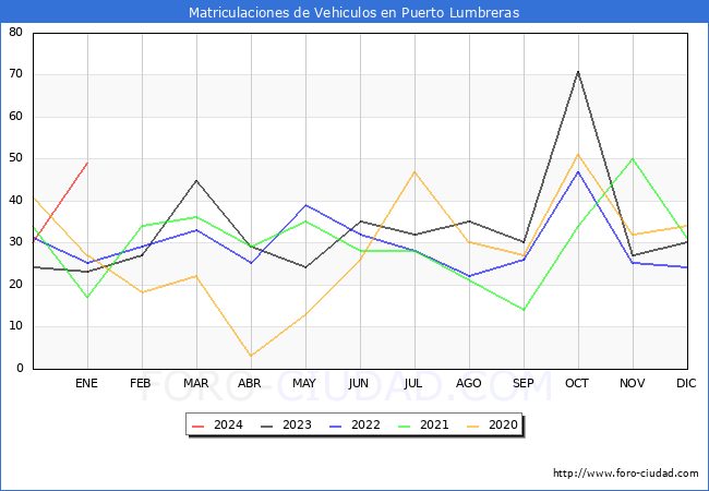estadísticas de Vehiculos Matriculados en el Municipio de Puerto Lumbreras hasta Enero del 2024.