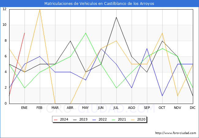 estadísticas de Vehiculos Matriculados en el Municipio de Castilblanco de los Arroyos hasta Enero del 2024.