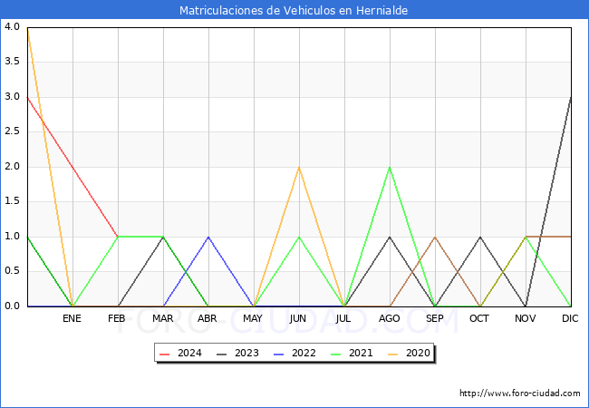 estadsticas de Vehiculos Matriculados en el Municipio de Hernialde hasta Febrero del 2024.