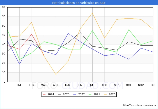 estadsticas de Vehiculos Matriculados en el Municipio de Salt hasta Marzo del 2024.