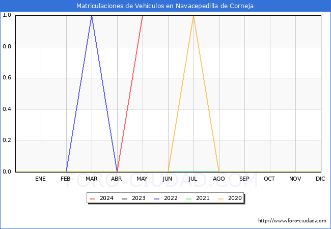 estadsticas de Vehiculos Matriculados en el Municipio de Navacepedilla de Corneja hasta Mayo del 2024.