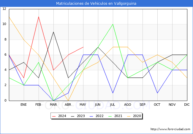 estadsticas de Vehiculos Matriculados en el Municipio de Vallgorguina hasta Mayo del 2024.