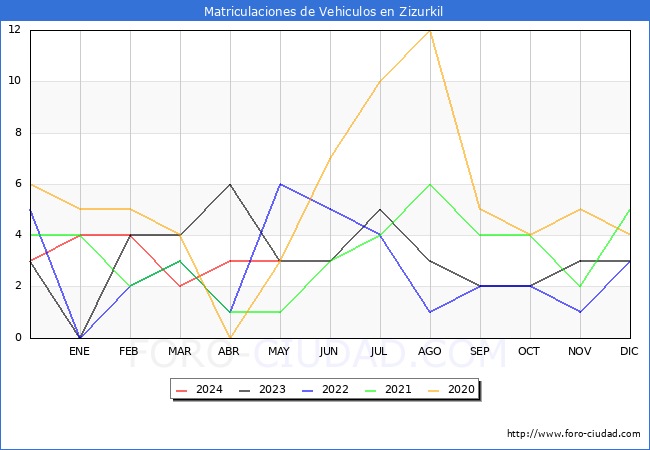 estadsticas de Vehiculos Matriculados en el Municipio de Zizurkil hasta Mayo del 2024.
