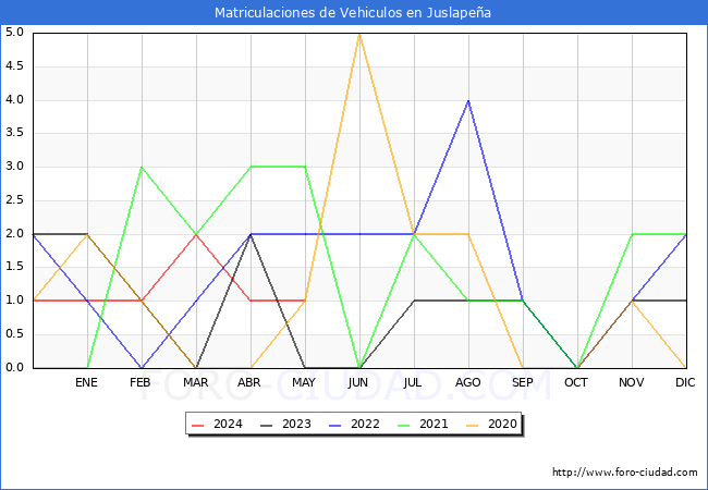 estadsticas de Vehiculos Matriculados en el Municipio de Juslapea hasta Mayo del 2024.