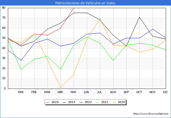 estadsticas de Vehiculos Matriculados en el Municipio de Salou hasta Mayo del 2024.