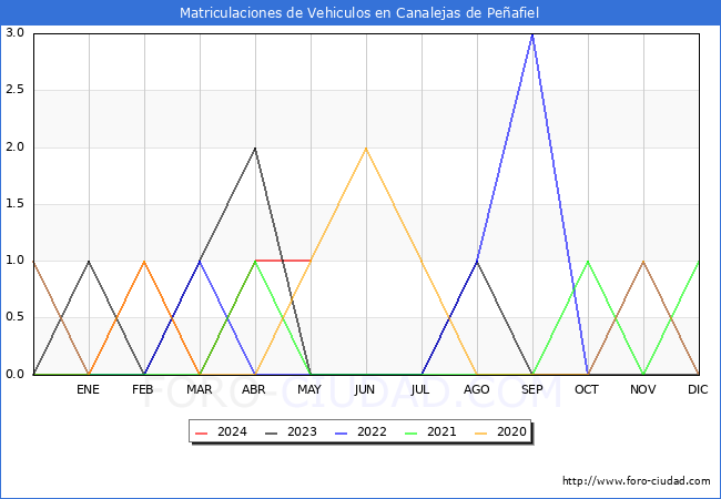 estadsticas de Vehiculos Matriculados en el Municipio de Canalejas de Peafiel hasta Mayo del 2024.