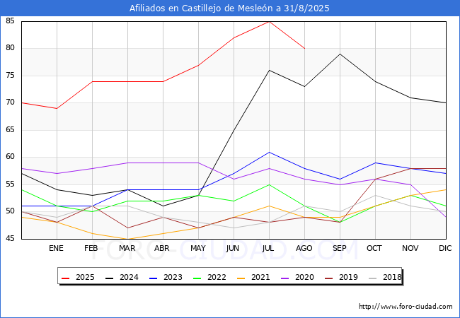 Evolucin Afiliados a la Seguridad Social para el Municipio de Castillejo de Meslen hasta Agosto del 2025.