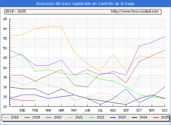 Evolucin de los datos de parados para el Municipio de Castrillo de la Vega hasta Febrero del 2025.