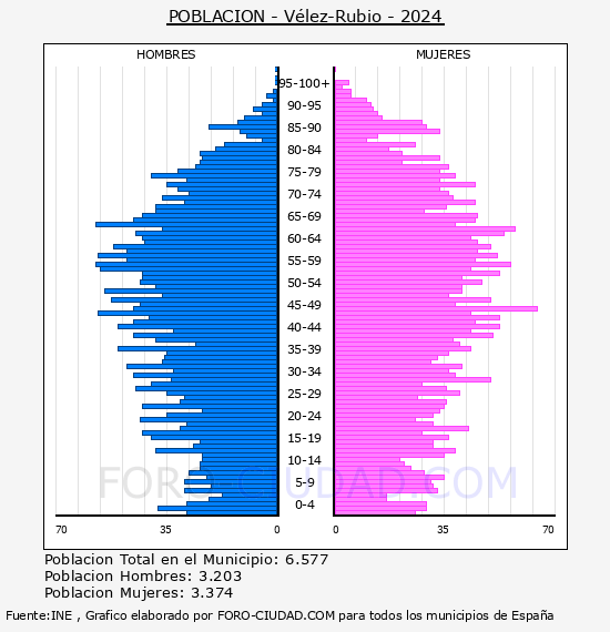 V�lez-Rubio - Pir�mide de poblaci�n por a�os- Censo 2024