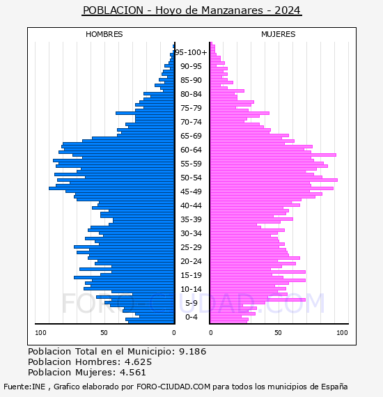 Hoyo de Manzanares - Pir�mide de poblaci�n por a�os- Censo 2024