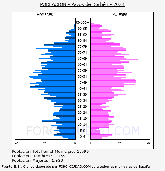 Pazos de Borb�n - Pir�mide de poblaci�n por a�os- Censo 2024