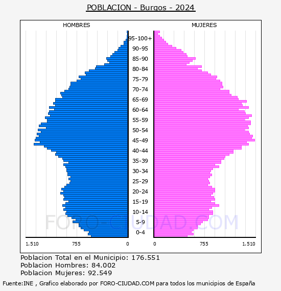 Burgos - Pir�mide de poblaci�n por a�os- Censo 2024