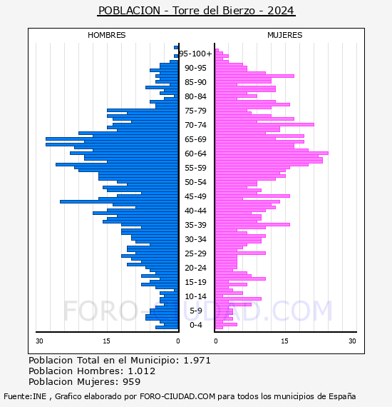 Torre del Bierzo - Pir�mide de poblaci�n por a�os- Censo 2024