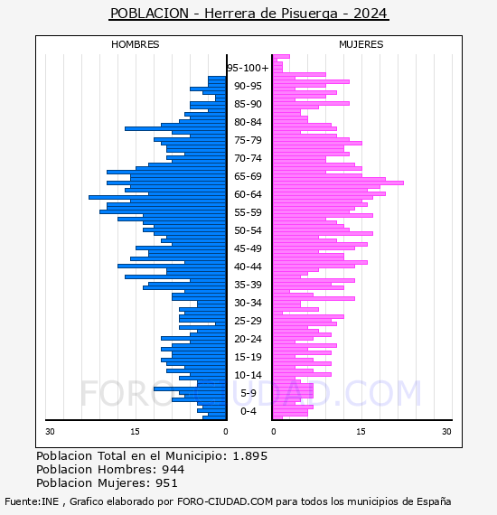 Herrera de Pisuerga - Pirmide de poblacin por aos- Censo 2024