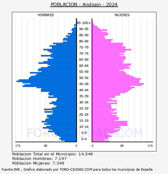 Andoain - Pir�mide de poblaci�n por a�os- Censo 2024