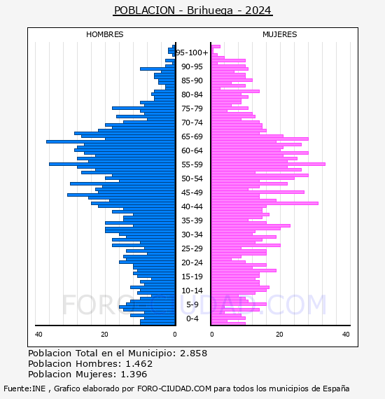 Brihuega - Pir�mide de poblaci�n por a�os- Censo 2024