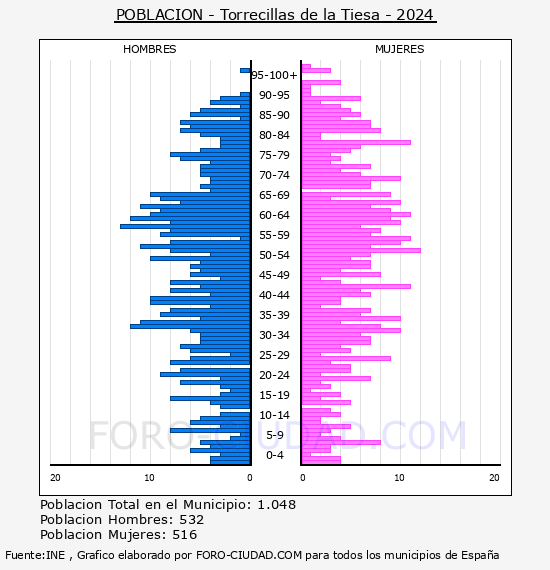 Torrecillas de la Tiesa - Pir�mide de poblaci�n por a�os- Censo 2024