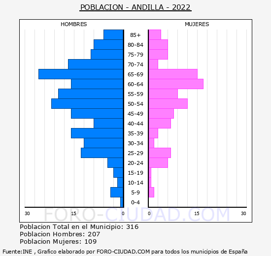 Andilla - Pirámide de población grupos quinquenales - Censo 2022