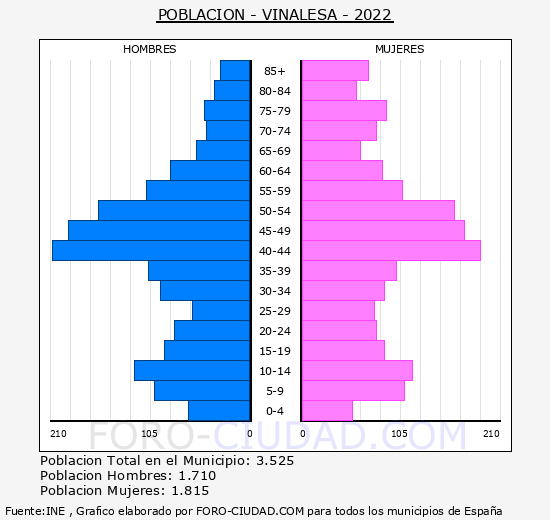 Vinalesa - Pirámide de población grupos quinquenales - Censo 2022