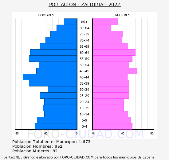 Zaldibia - Pirámide de población grupos quinquenales - Censo 2022