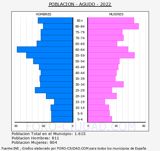 Agudo - Pirámide de población grupos quinquenales - Censo 2022
