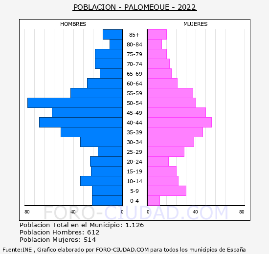 Palomeque - Pirámide de población grupos quinquenales - Censo 2022