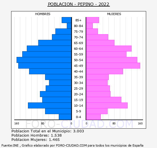 Pepino - Pirámide de población grupos quinquenales - Censo 2022
