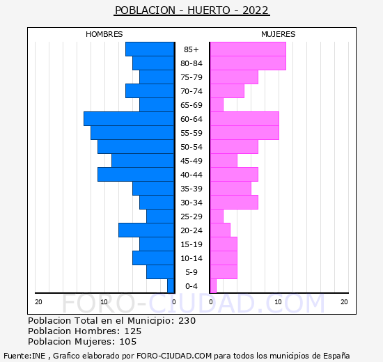Huerto - Pirámide de población grupos quinquenales - Censo 2022