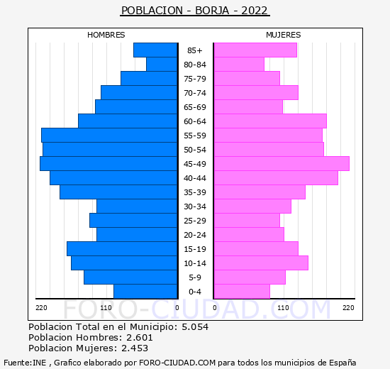Borja - Pirámide de población grupos quinquenales - Censo 2022