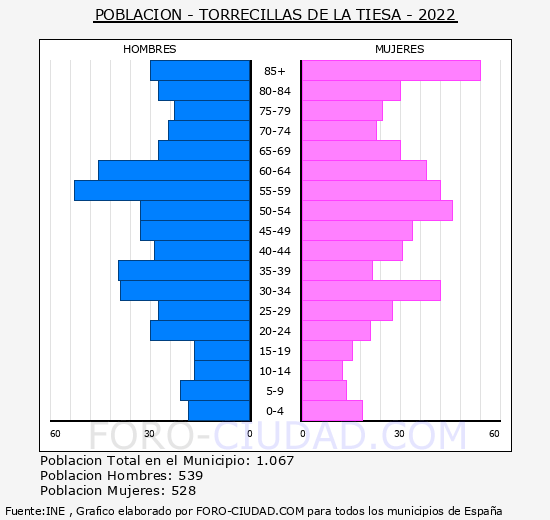 Torrecillas de la Tiesa - Pirámide de población grupos quinquenales - Censo 2022