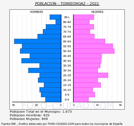 Torreorgaz - Pirámide de población grupos quinquenales - Censo 2022