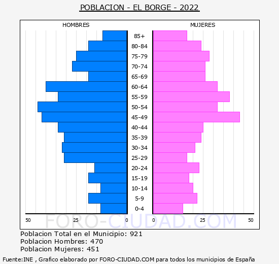 El Borge - Pirámide de población grupos quinquenales - Censo 2022