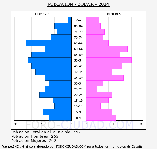 Bolvir - Pirmide de poblacin grupos quinquenales - Censo 2024