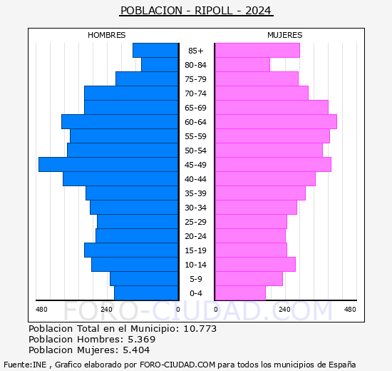 Ripoll - Pirmide de poblacin grupos quinquenales - Censo 2024