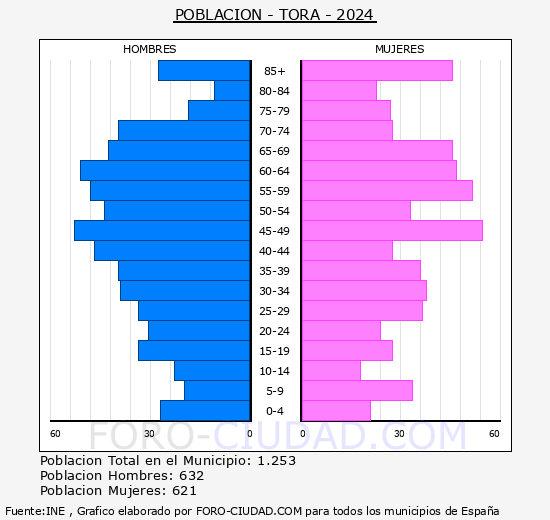 Tor� - Pir�mide de poblaci�n grupos quinquenales - Censo 2024