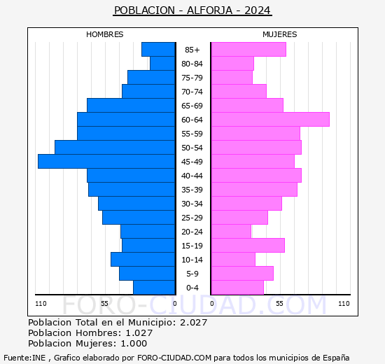 Alforja - Pir�mide de poblaci�n grupos quinquenales - Censo 2024