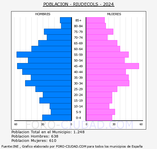 Riudecols - Pirmide de poblacin grupos quinquenales - Censo 2024