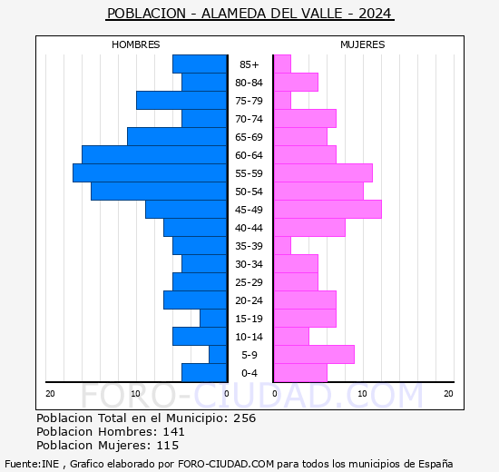 Alameda del Valle - Pirmide de poblacin grupos quinquenales - Censo 2024