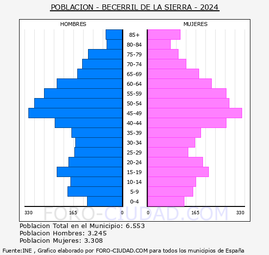 Becerril de la Sierra - Pirmide de poblacin grupos quinquenales - Censo 2024